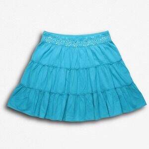 Turquoise Blue Tiered Sequin Embroidered Boho Midi Skirt Womens